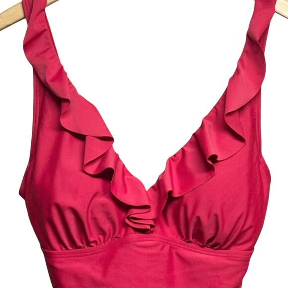 DKNY Ruffle Plunge Underwire Tummy
Control One-Piece Red Swimsuit Size 10 - Picture 4 of 6